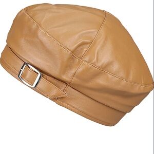 Tan Faux Leather Beret with Buckle